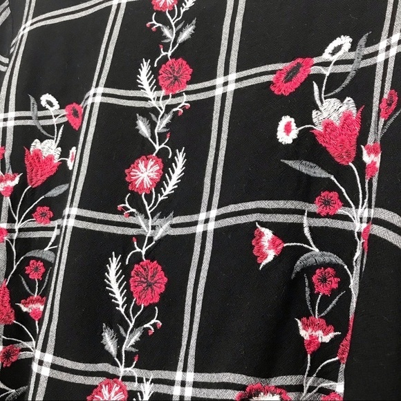 LOFT Floral Embroidered Tie Bell Sleeve Plaid Top M - Picture 4 of 9